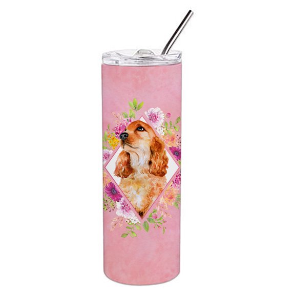 Cocker Spaniel #2 Pink Flowers Double Walled Stainless Steel 20 oz Skinny Tumbler