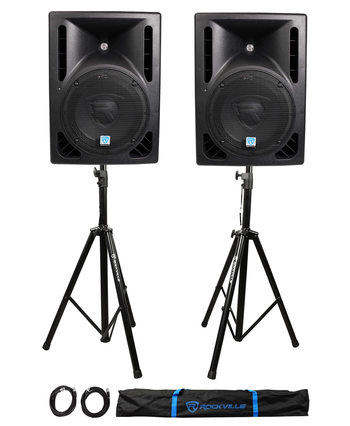 2 Cables+Bag 2 Stands Pair Rockville RPG10 10 1200w Powered PA/DJ Speakers 