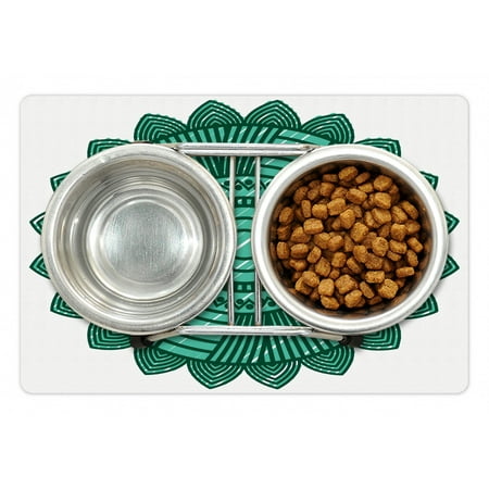 

Green Mandala Pet Mat for Food and Water Round Mandala Design with Flower Pattern Chevron Zigzag Lines and Dots Non-Slip Rubber Mat for Dogs and Cats 18 X 12 by Ambesonne