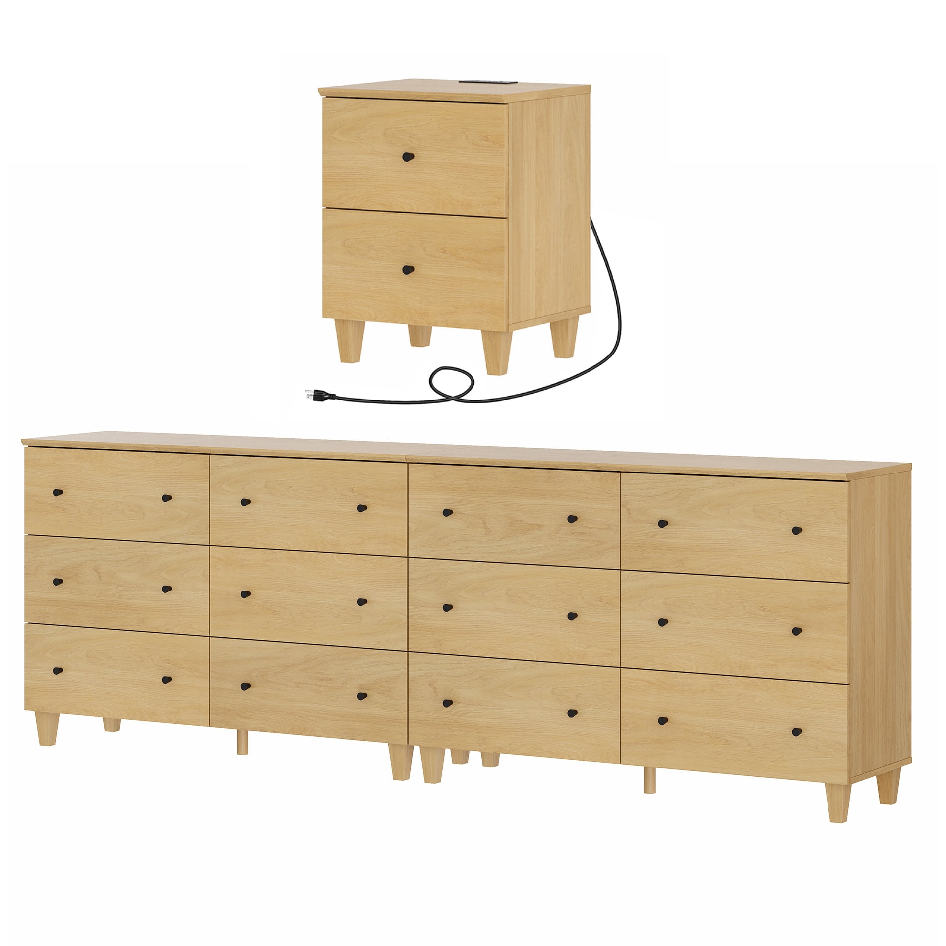 WAMPAT Dresser and Nightstand Set of 3, Wood Dressers with 12 Drawers, Nightstand with Charging Stations for Living Room, Oak Wood