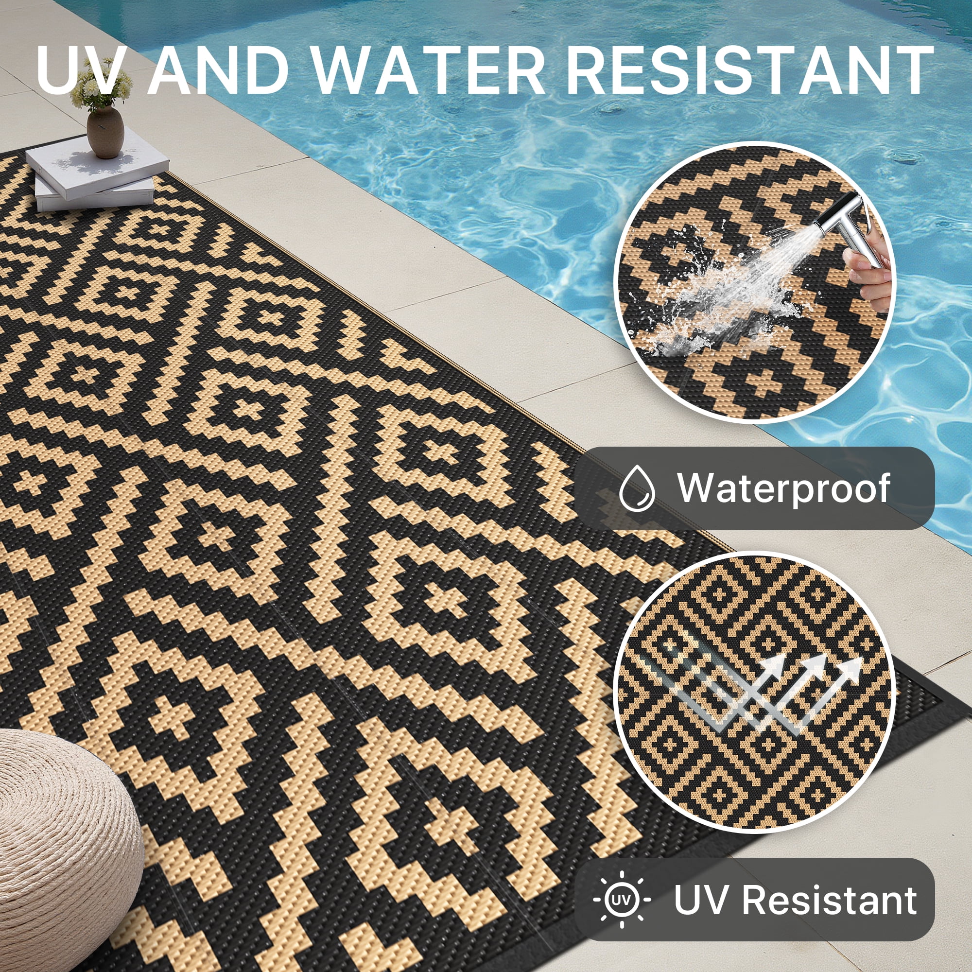DEORAB Outdoor Rugs Waterproof Plastic Straw Mat 6'x9' Reversible for RV Patio Deck Beach Black & Brown