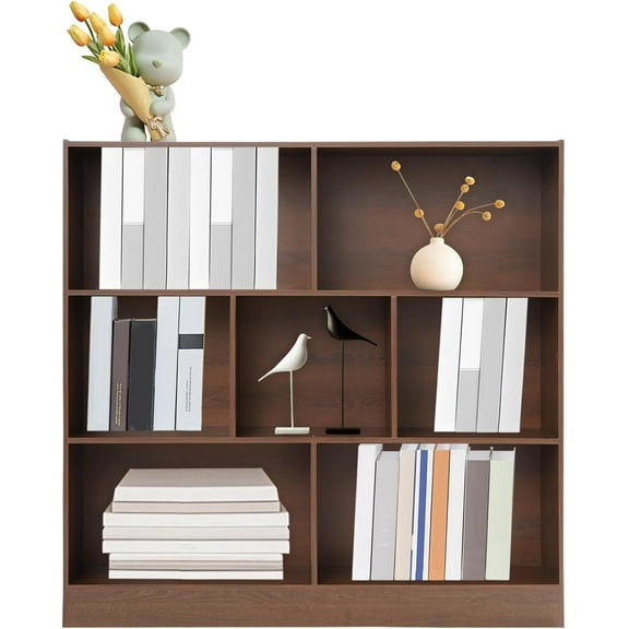 3-Tier Bookshelf,7 Cubes Wooden Bookcase,Open Freestanding Display Storage Shelves,Modern Storage Display Cabinet for Home Office, Living Room, Bedroom (Dark Oak Color, 100cm/39.37in)