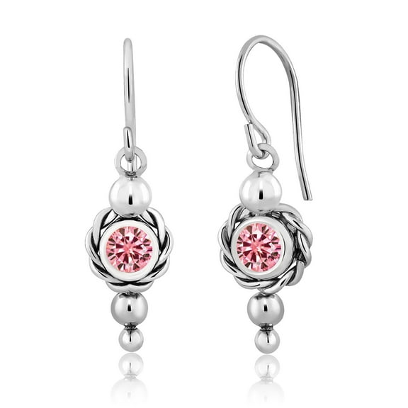 Gem Stone King 925 Sterling Silver Dangle Earrings Round Pink Moissanite 1.00cttw