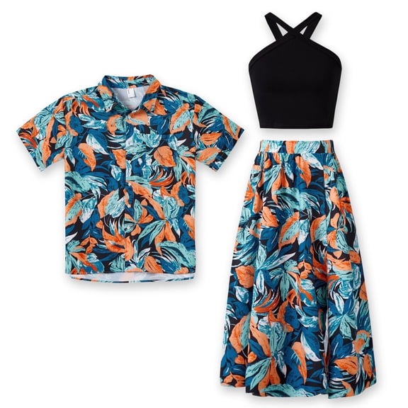 PatPat Womens Dresses Couple Matching Black Tropical Floral Midi Halter Dress Casual Summer Dresses for Women Beach Vacation Outfits Couple Gifts,S-XL