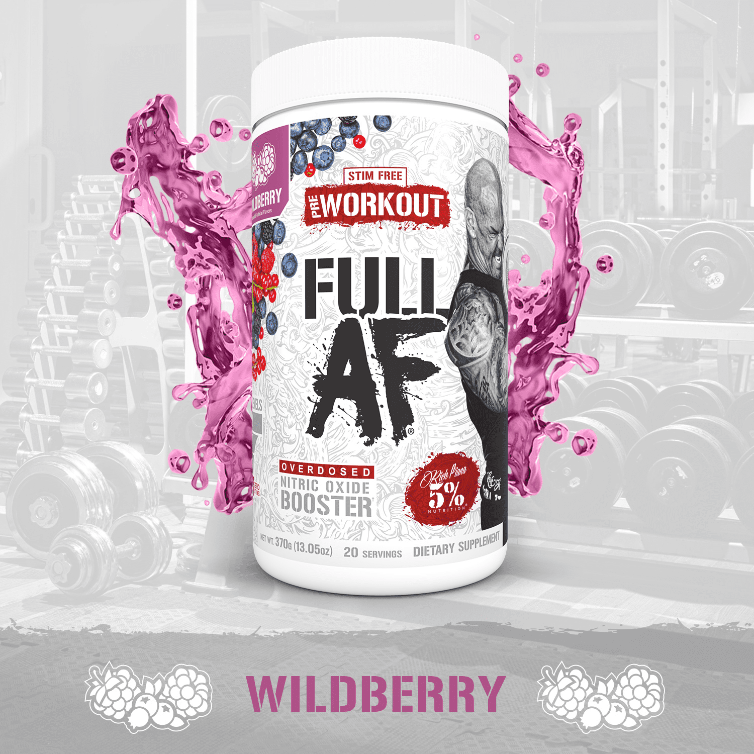 5% Nutrition Full AF Pre-Workout Stim-Free Powder Supplement, Caffeine-Free Max Pumps, 20 Servings (Wildberry)
