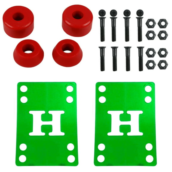 Skateboard Bushings Med 96 with Green Riser Pads and 1" Phillips Hardware