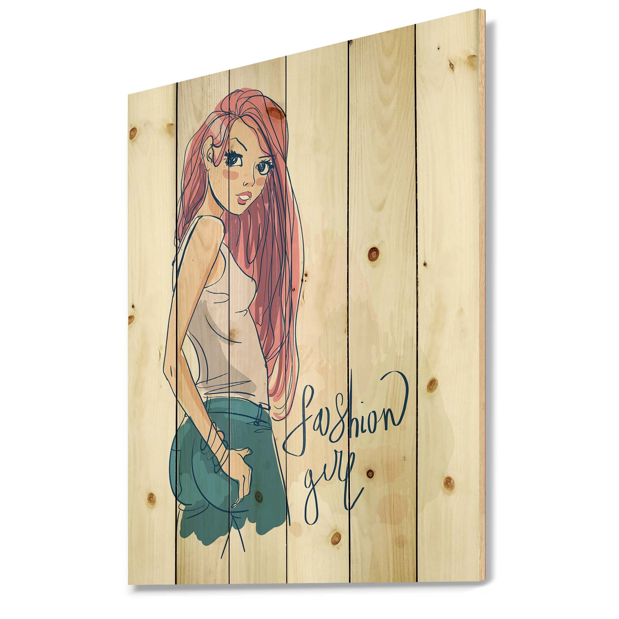 Designart 'Trendy Fashion Woman I' Children's Art Print on Natural Pine Wood