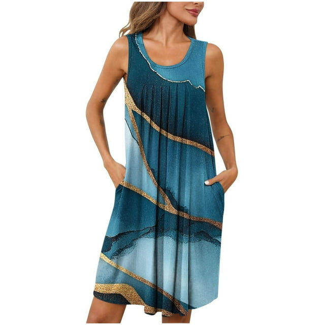 Ovzne Robes pour Femmes Robe Femmes Femmes Imprimé avec Poches Chemises de Nuit Sans Manches Vêtements de Nuit devant Plissé Nuisette Col Rond Robe de Nuit Robe de Printemps Imprimée Liquidation
