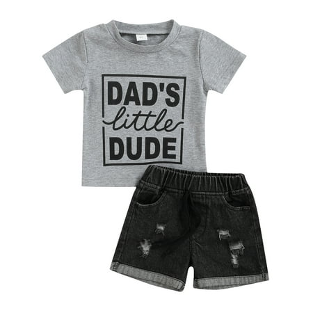 

CenturyX Newborn Baby Boys 2pcs Summer Outfits Set Letters Print Tops T-shirt Ripped Jeans Shorts Clothes Grey 9-12 Months