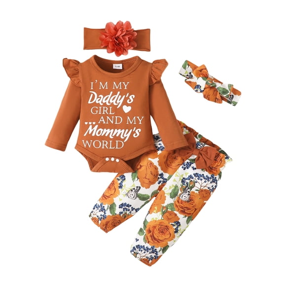 Kucnuzki Newborn Baby Girls Outfit Set 0-3 Months Girl Clothes Ruffle Long Sleeves Romper Letter Print Top Bowknot Floral Pants with 2pcs Headbands 4Pcs Clothing Brown