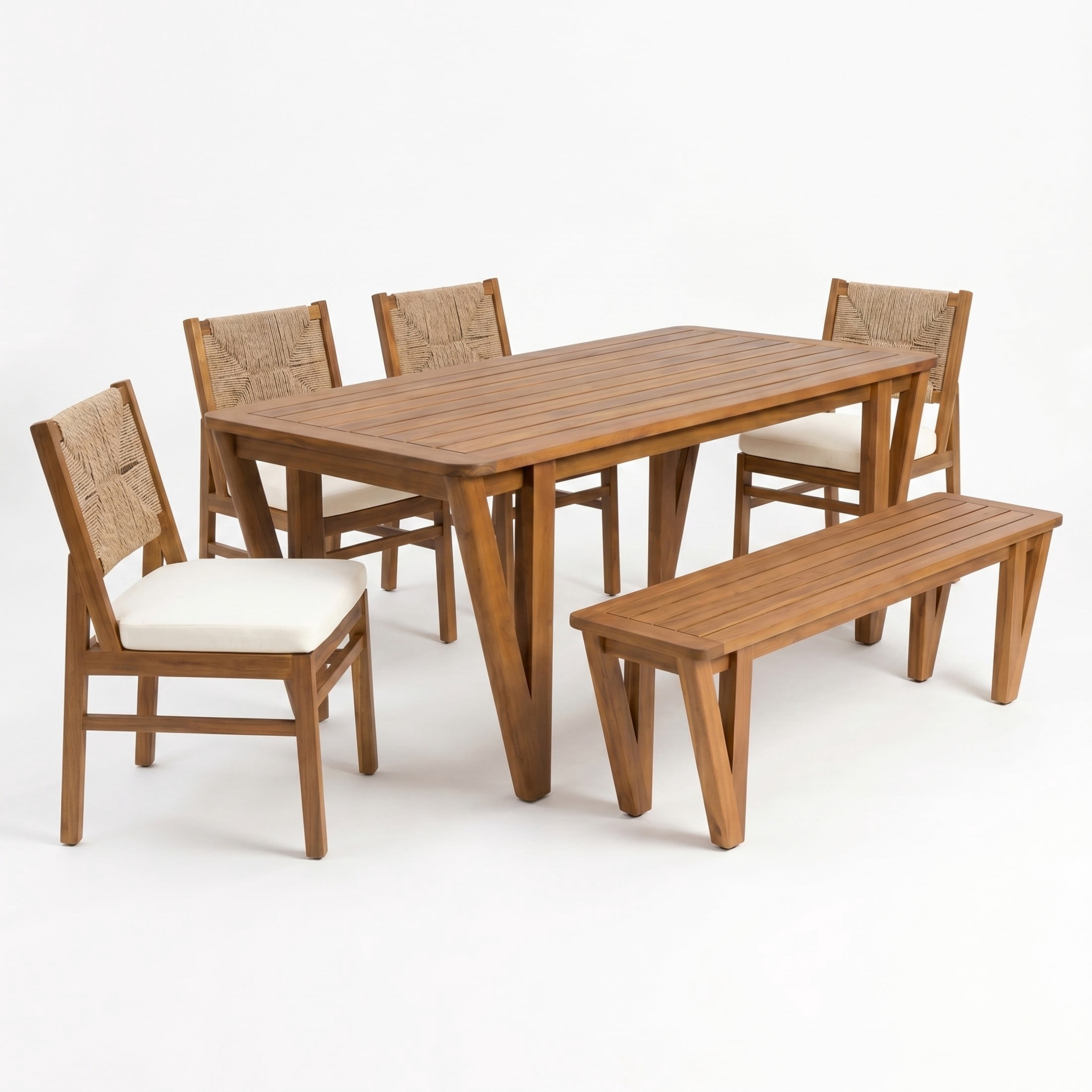 Christopher Knight Home 6-Piece Outdoor Dining Set, Wood Table, Bench and Woven Chairs with Cushions, Teak