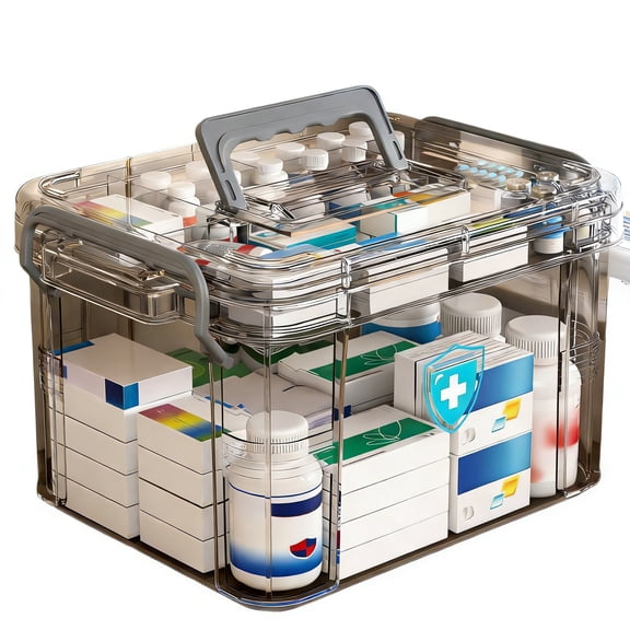 Multi-Layer Clear Large Capacity Home Storage Box, 2-Tier First Aid Medicine Organizer, Portable Translucent Gray Medical Kit for Home and Travel