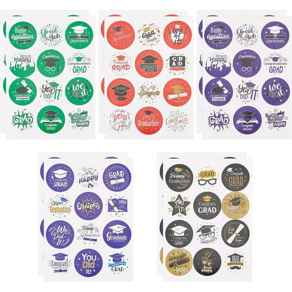 120Pcs Graduation Stickers Envelope Seals Self-Adhesive Labels Decals Congrats Grads Circle Candy Sticker for Graduate Ceremony Greeting Invitations Cards Party Favors Decor 5 Color