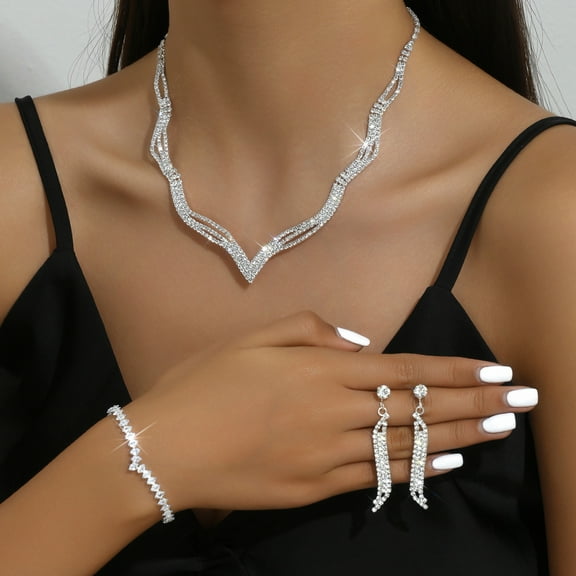 Sdmnsg-T Rhinestone Bridal Wedding Jewelry Set Silver Necklace Earrings Bracelet Ring Sets Prom Formal Costume Jewelry Sets for Women and Brides