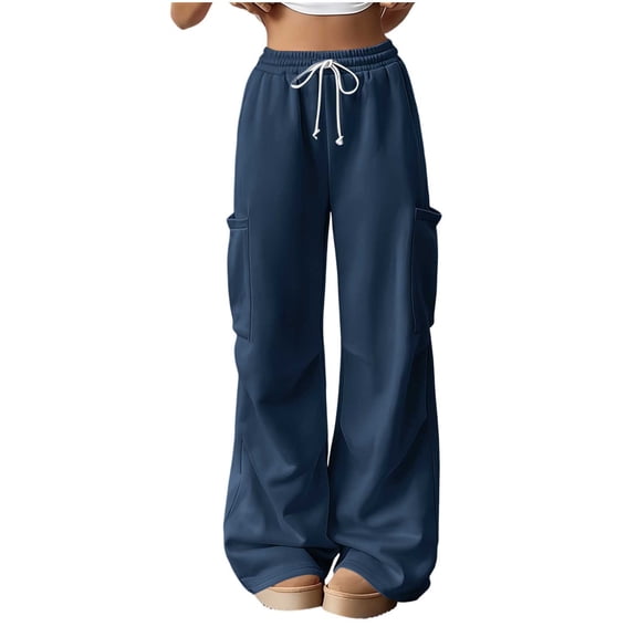 Qgtaibl Womens Wide Leg Cargo Joggers High Waist Drawstring Solid Color Sweatpants with Pockets Fall Comfort Baggy Casual Track Trousers Navy L