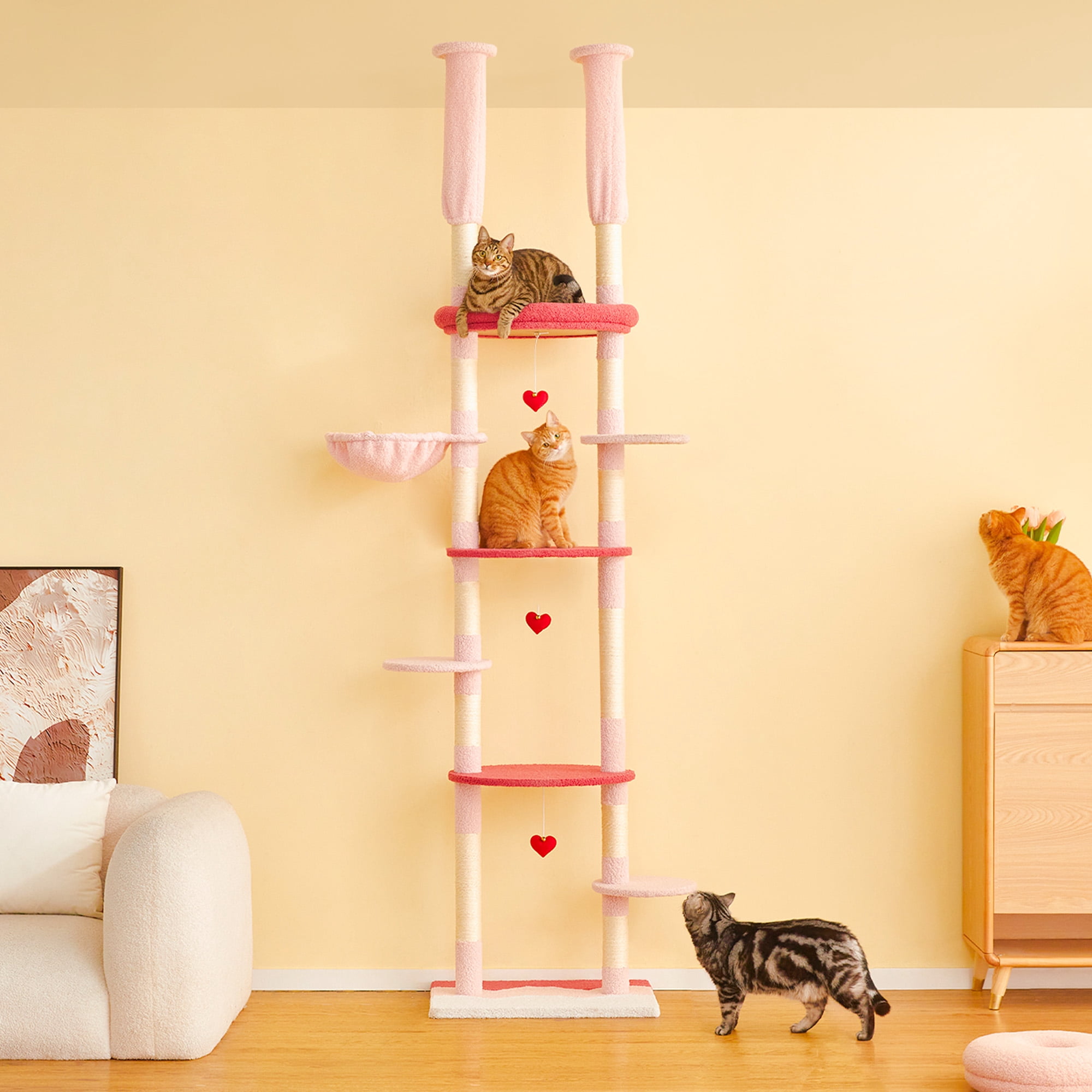 Furcato 92.1"-101.6" Adjustable Height Cat Tree, Floor to Ceiling Cat Tower, 7 Tiers Cat Climbing Tree with Hammock, Rose Pink