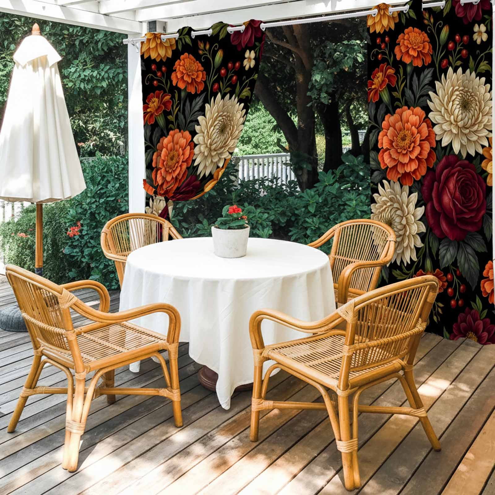 Dahlias Roses Outdoor Curtains for Patio, Country Watercolor Red Orange Flower Berry Green Leaf Sunshade Privacy Drapes Grommet Waterproof Outside Curtains for Porch/Cabana/Balcony 54"x 108", 1 Panel