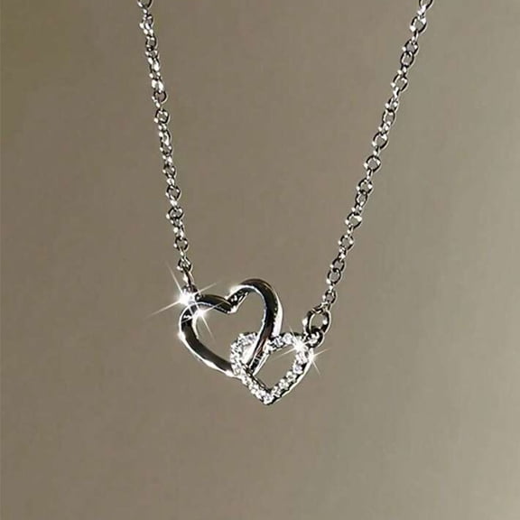 Women’s Interlocking Double Heart Pendant Necklace, Silver Tone with Cubic Zirconia, Hypoallergenic Fashion Jewelry