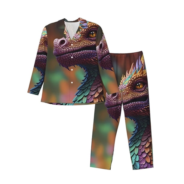 Balery Rainbow Scales Fantasy Dragon Pijama para Hombre de Dos Piezas con Manga Larga, Conjunto de Dormir y Descanso Suave con Bolsillos-Medium