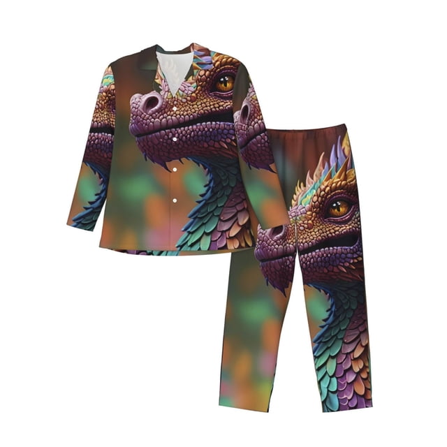 Balery Rainbow Scales Fantasy Dragon Pijama para Hombre de Dos Piezas con Manga Larga, Conjunto de Dormir y Descanso Suave con Bolsillos-Medium