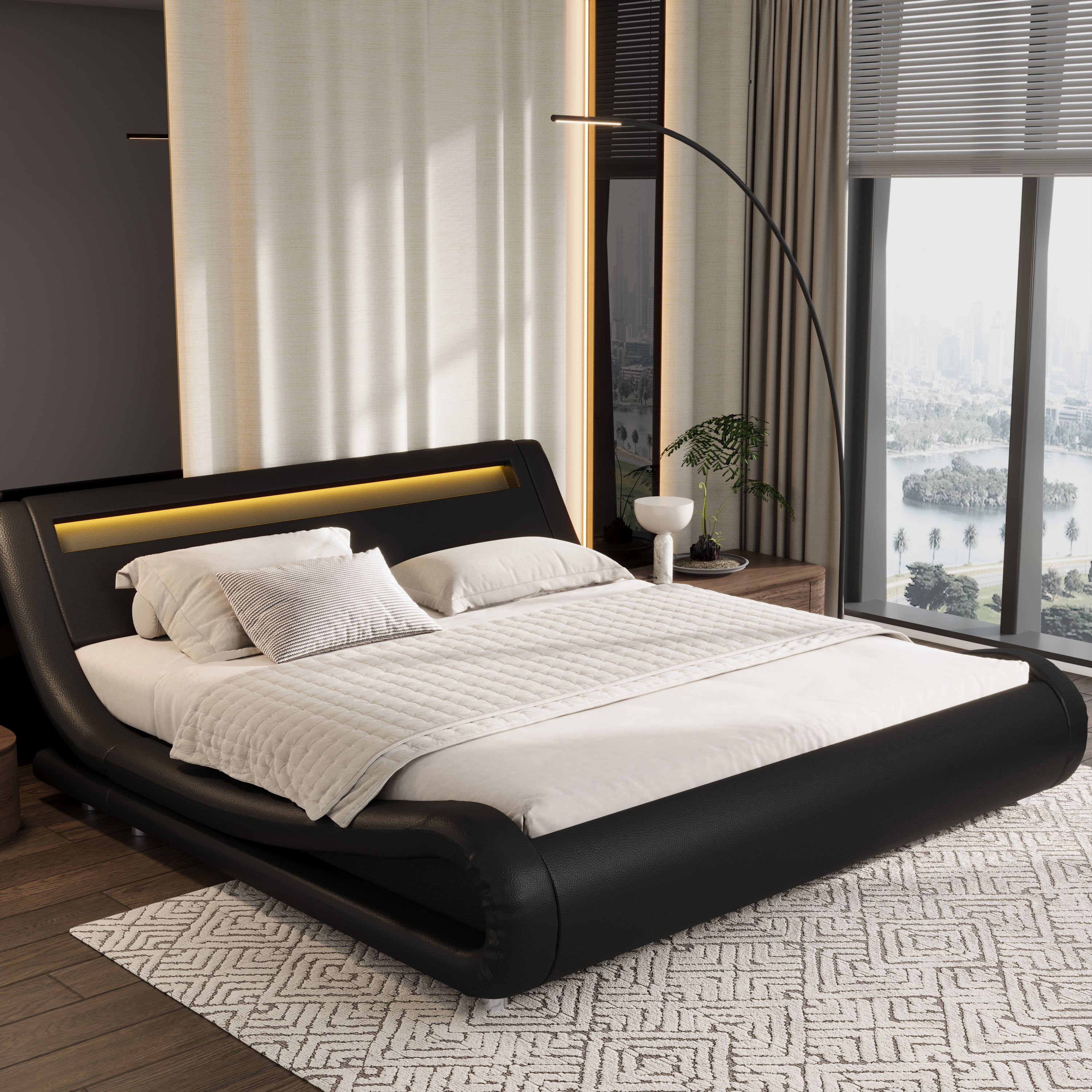 Sifurni King size Wave-Like Curve Deluxe Upholstered Modern Bed Frame with LED Headboard, Black