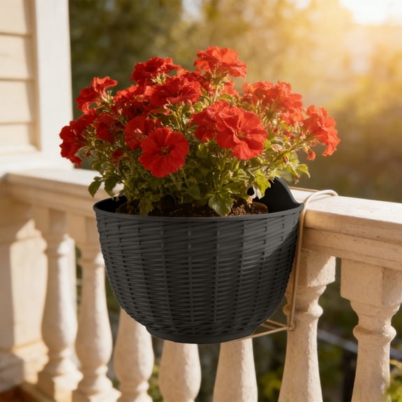 Large Wicker Half Round Wall Mounted Flower Pot, Home Decorative Planter for Indoor Outdoor Garden, Black