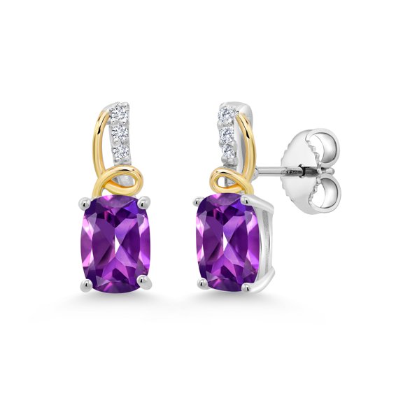 Gem Stone King 925 Silver and 10K Yellow Gold Purple Amethyst and White Moissanite Stud Earrings for Women (1.85 Cttw, Gemstone February Birthstone, Cushion 7X5MM)