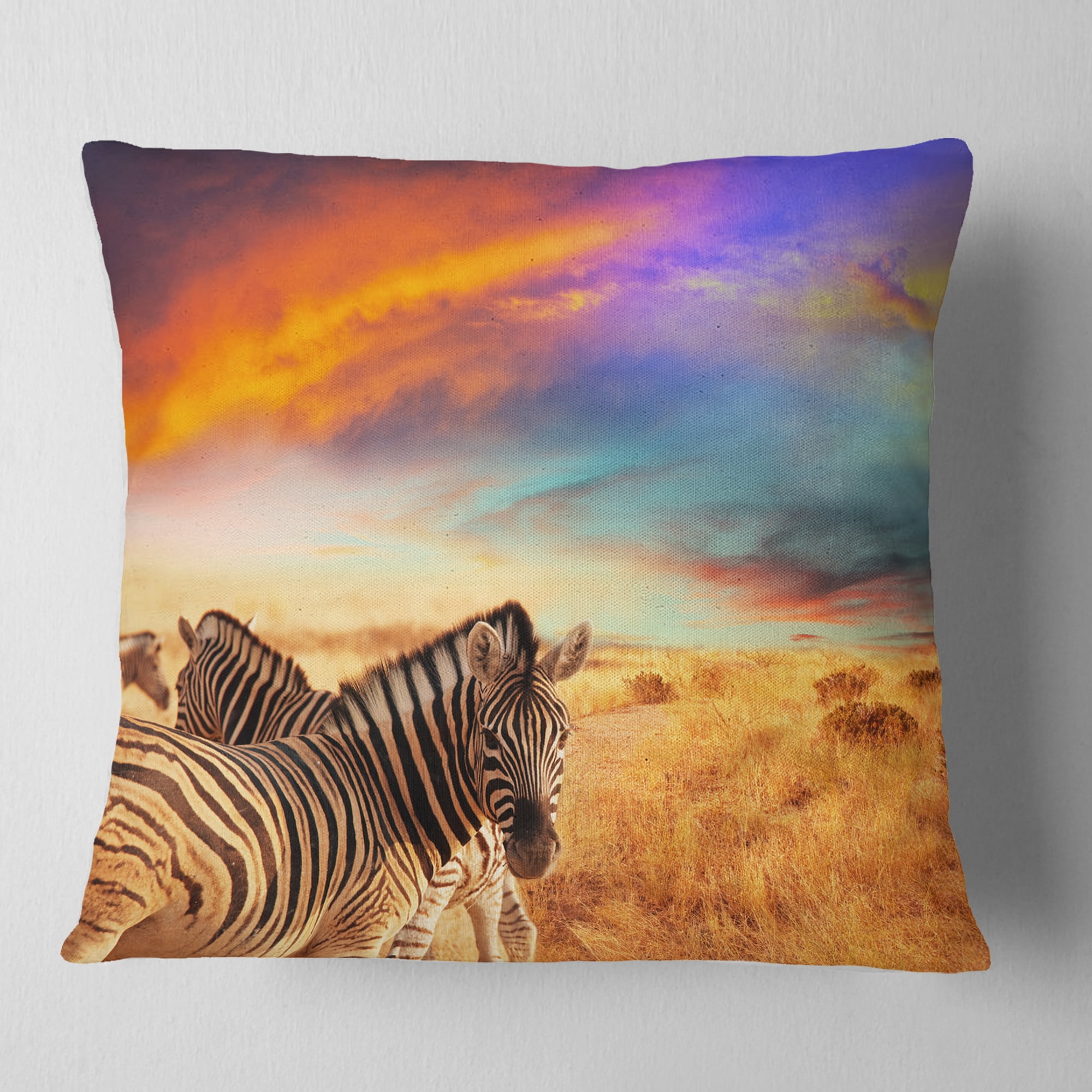 Designart Zebras in Bush under Colorful Sky - African Throw Pillow - 16x16