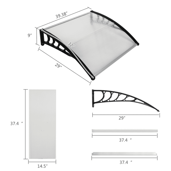 Alvantor Polycarbonate Door Awning with Black Brackets, 39.37 x 31.5 in