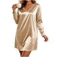 thumbnail image 4 of Womens Satin Silk Nightgown V-Neck Loose Fit Soft Long Sleeve Night Sleepwear Dress Khaki M, 4 of 8