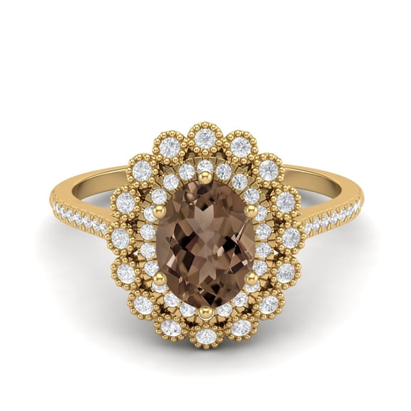 Mooneye 8X6mm Oval Smoky Quartz 925 Sterling Silver Gold Vermeil Halo Floral Engagement Women Ring