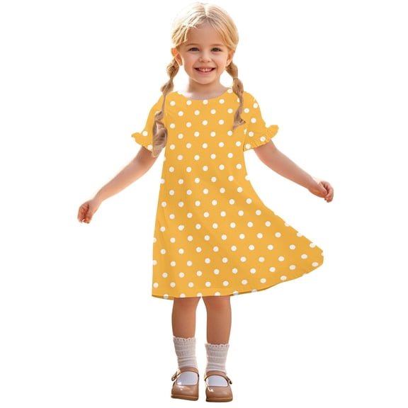 Zpanxa Dresses for Girls, Kids Girl Summer Casual Short Sleeve Round Neck Fashion Print Dress Yellow 9 Years