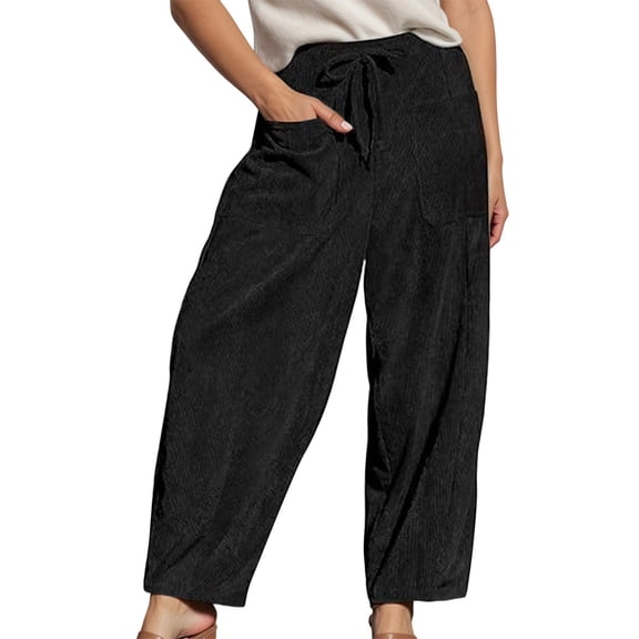 VNKIDY Women's Casual Pants Solid Color Corduroy Wide Leg Culottes Tie Waist Loose Fit Trousers With Pockets For Boho Casual Autumn Style Soft Pants