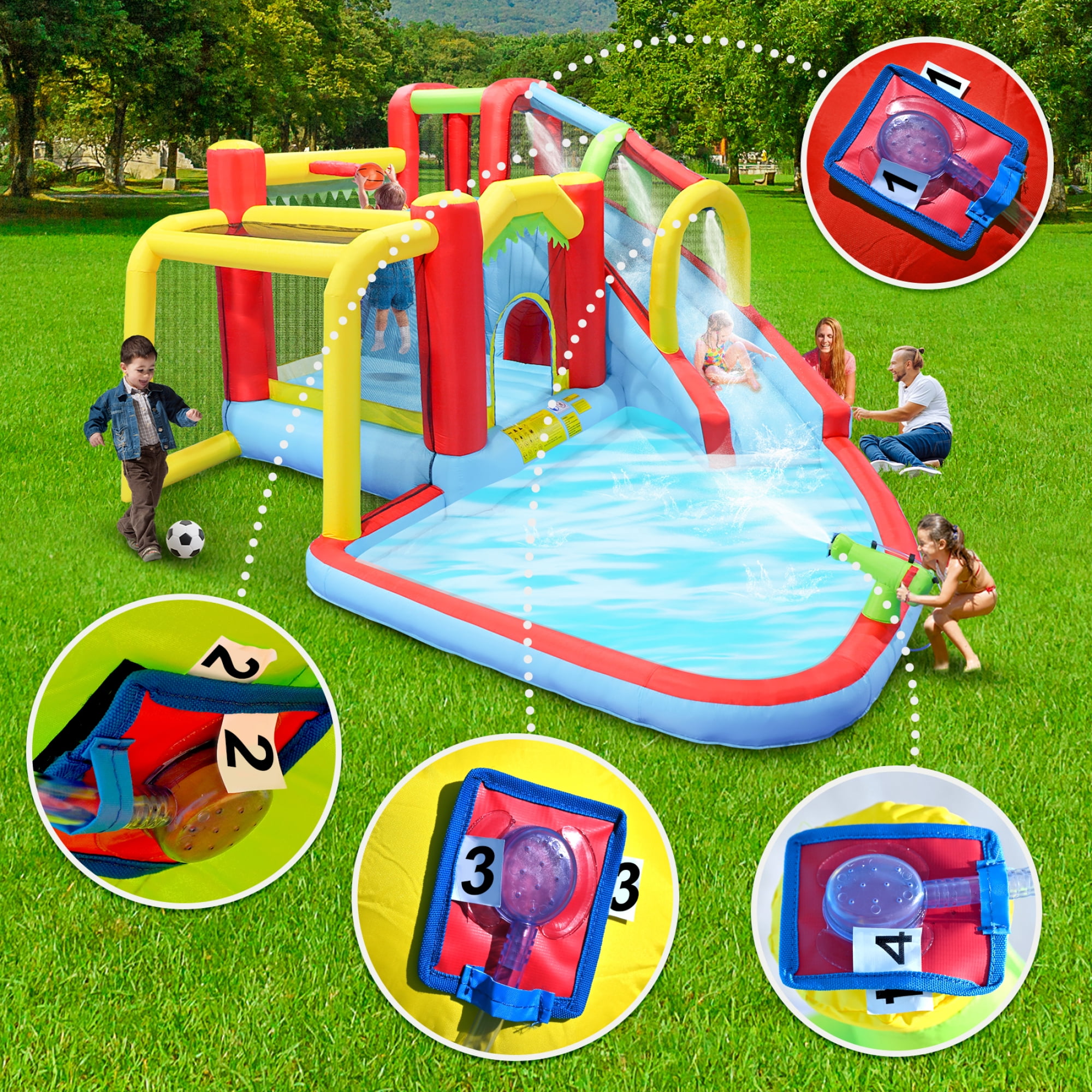Leumius Inflatable Bounce House Water Slide,7 in1 Water Park Bounce House with Blower,Splash Pool,Water Gun,Climbing Wall,Basketball,Football for Kids Indoor Outdoor Backyard,177x138x95inches