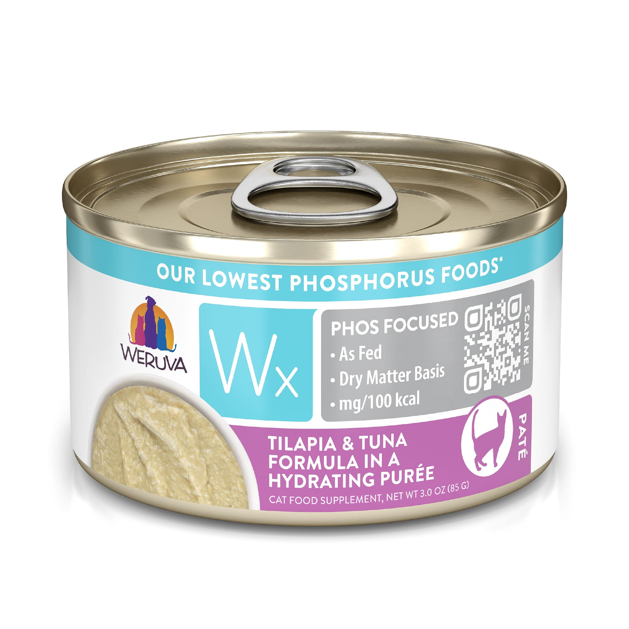 Weruva Wx Phos Focused Foods Tilapia & Tuna Formula in a Hydrating Puree Wet Cat Food, 3 oz., Case of 12