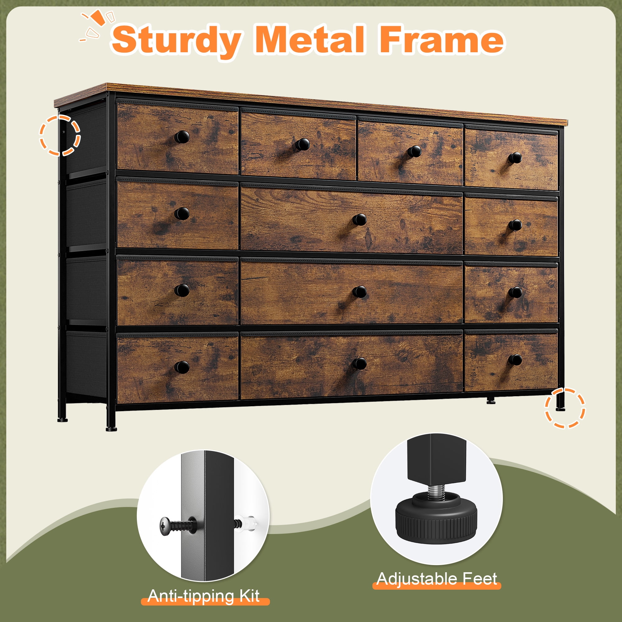 Romorgniz Dresser TV Stand, 13 Drawer Dressers for Bedroom, Chest of Drawers for 45" Long TV, Fabric Dresser for Storage, Rustic Brown