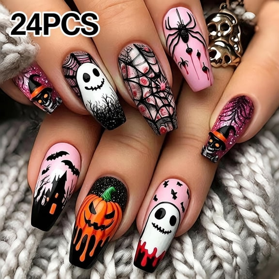 Long Coffin Halloween Press On Nails, 24PCS Ghost Pumpkin Spider Web Bat Haunted House Print Glitter Fake Nail Tips, Nail Kit with Jelly Glue & Nail File for Women Halloween Party DIY Manicure Decor