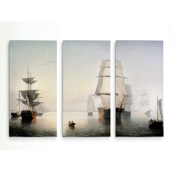 Renditions Gallery Boston Harbor 3 Panel Gallery Wrapped Canvas Wall Art, 12x24x3