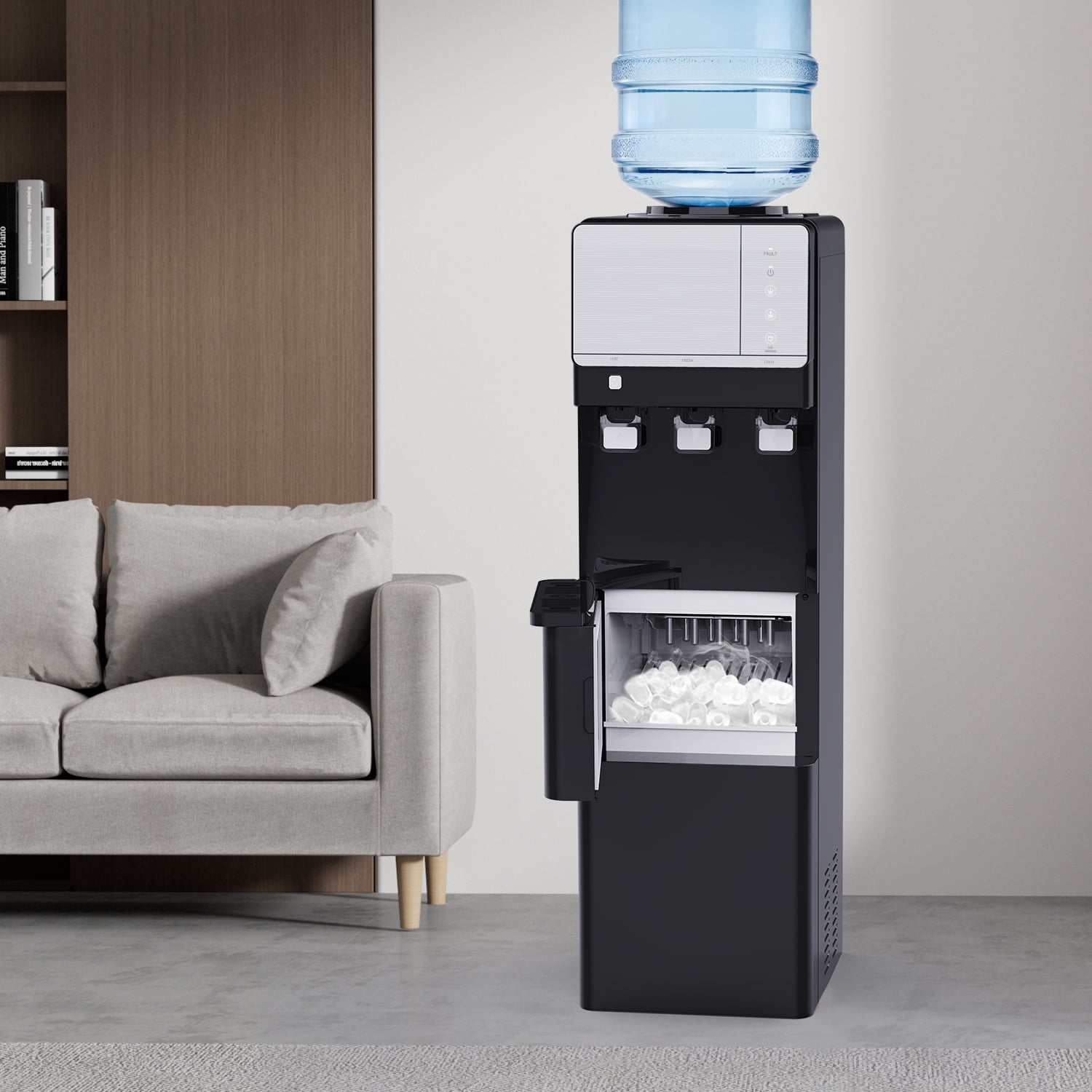 IKT Hot and Cold Water Dispenser with Ice Maker ,5 Gallon Bottle Top Load 27 lbs Daily Capacity with Child Safety Lock Black
