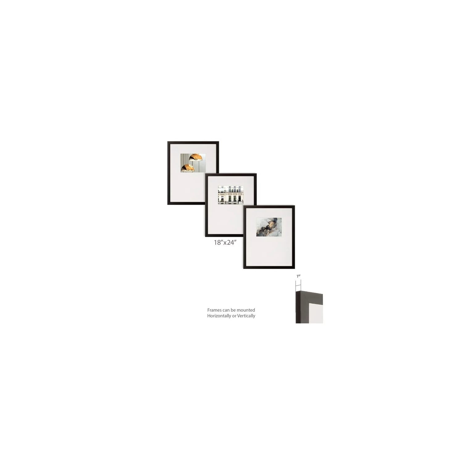 Instapoints 3 Piece Gallery Wall Picture Frame Set 18" x 24" Matted to 8" x 10" - Black