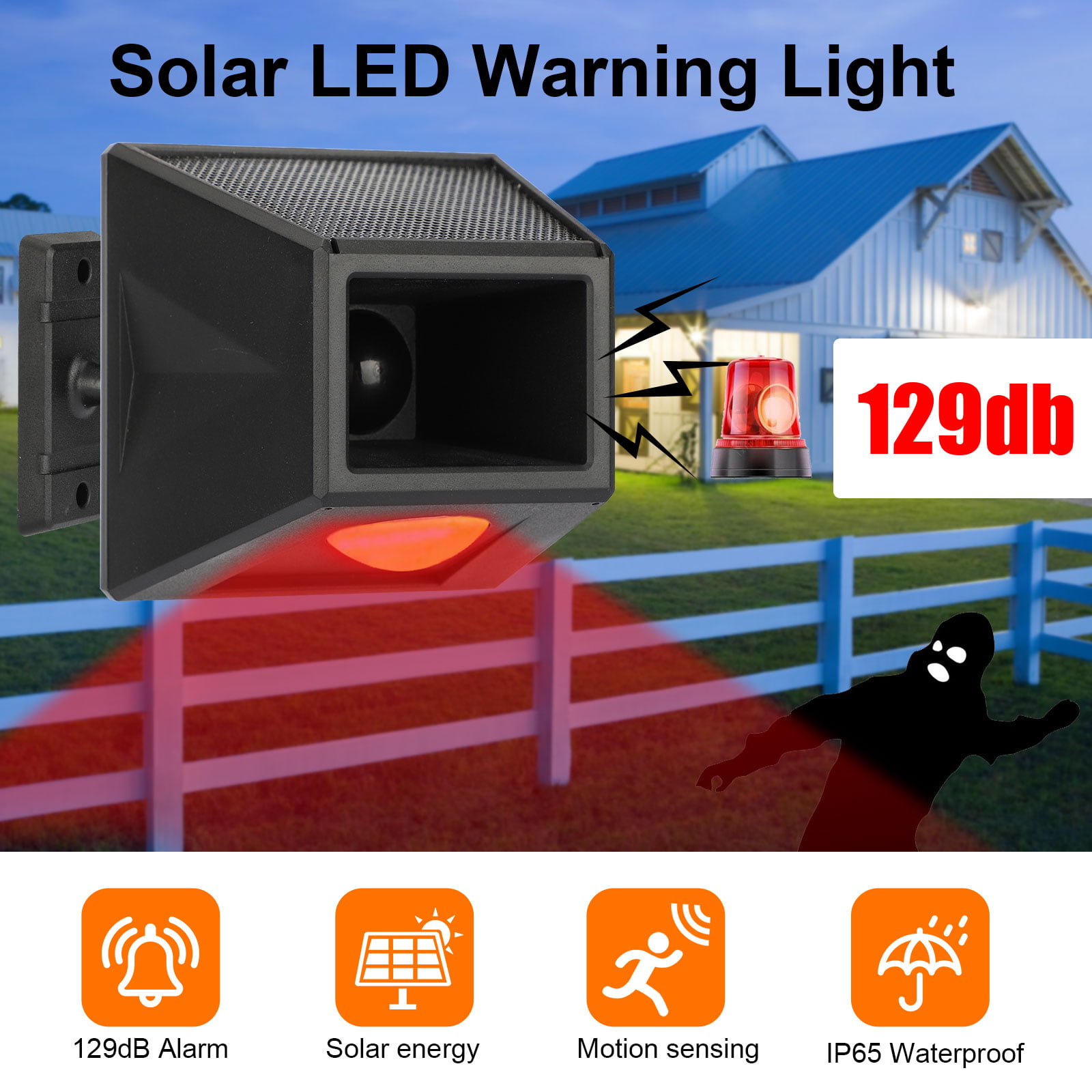 Solar Alarm Light with Motion Sensor,Solar Strobe Light with Motion Detector,129dB Sound Security IP65 Waterproof with Remote Control for Home,Farm,Villa,Yard