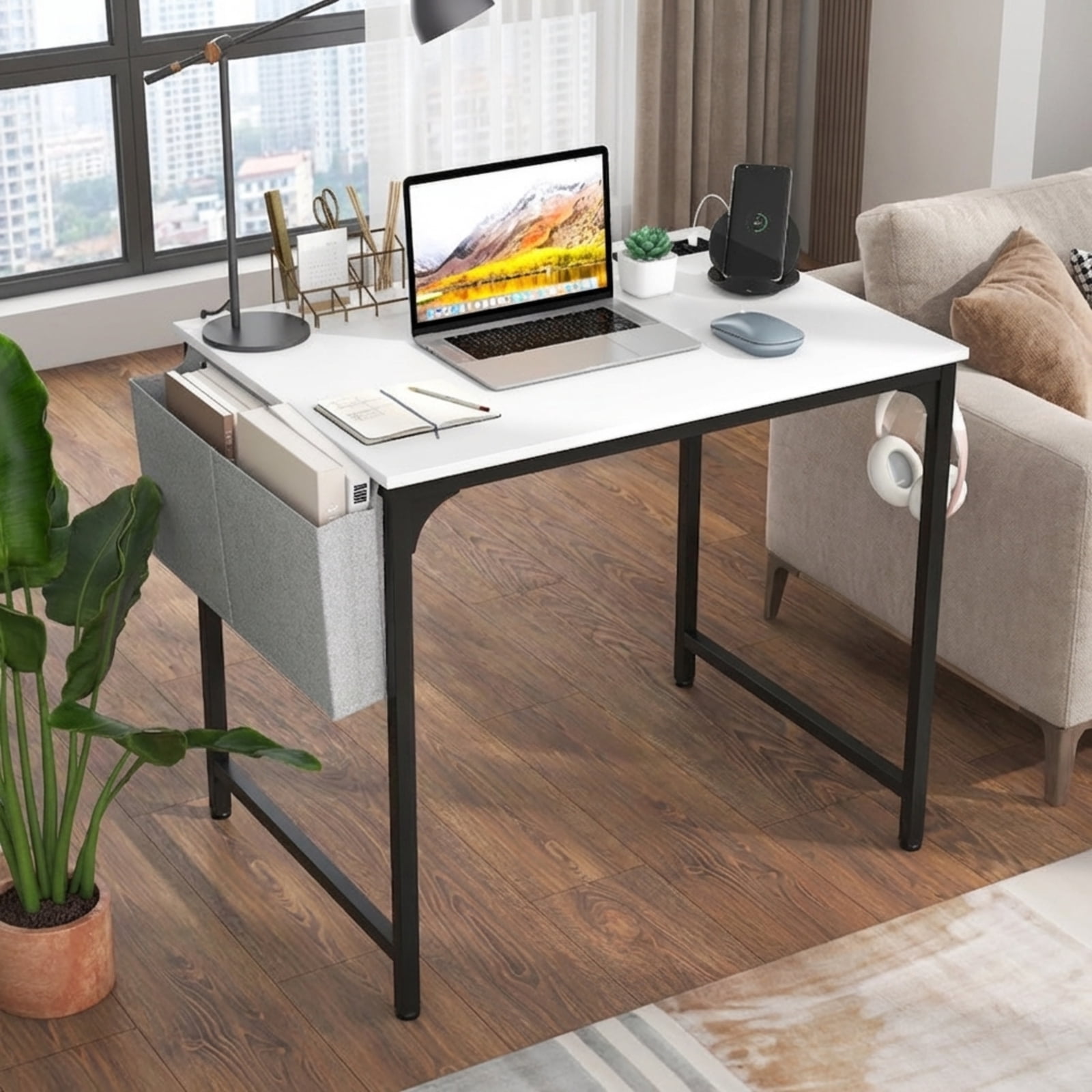 Furnibear 32 Inch Home Office Writing Desk with Charging Station Storage Bag and Headphone Hook - White