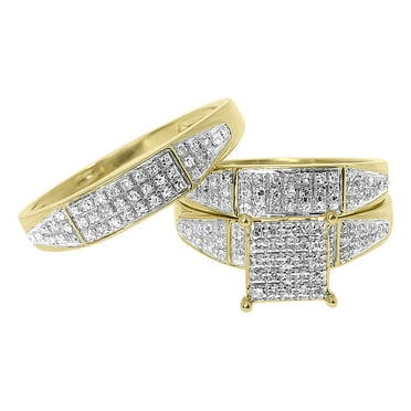 10k Yellow Gold Mens Ladies Pave Diamond Trio Wedding Ring Set (0.66 ct)