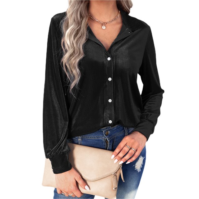 VISgogo, camisas de terciopelo salvaje a la moda para mujer, blusas de manga larga con cuello vuelto de Color sólido, blusas informales con botones para primavera y otoño VISgogo moda