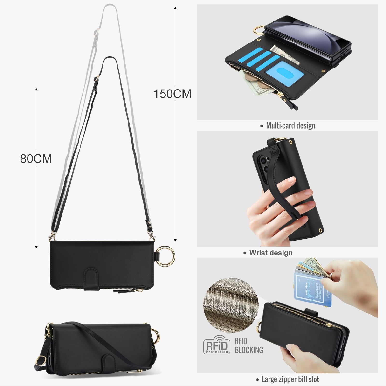 ChicShell Wallet Flip Case for Samsung Galaxy Z Fold 7, RFID Blocking Cards Slots Zipper Pocket Hand Strap Shockproof Stand Phone Case Cover with Crossbody Lanyard for Women Girls, Black