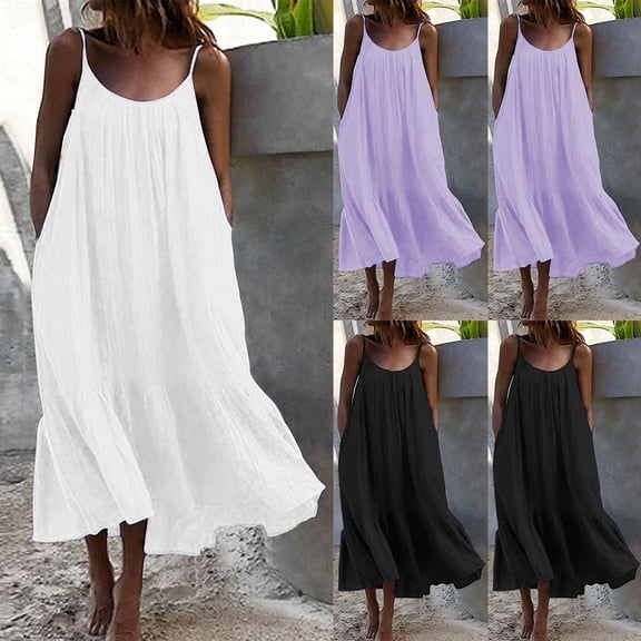 Antinious Women Bohemian Ruffle Solid Spaghetti Straps Soft Casual Comfortable Versatile Midi Dress