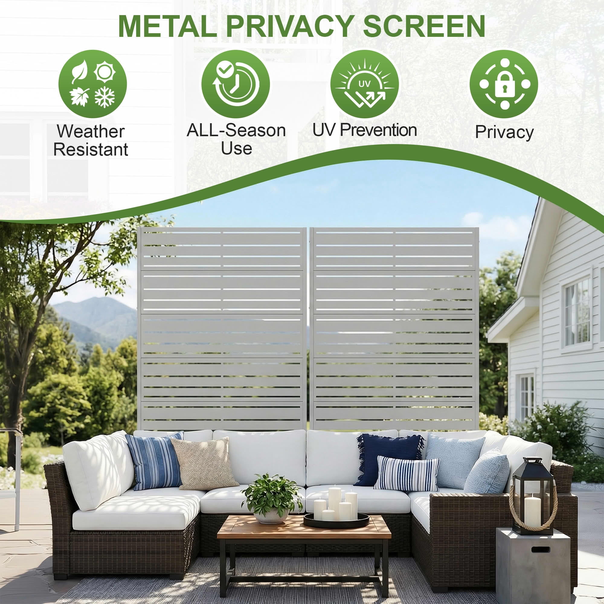 MAYEERTY 2-Piece 72"x35" Privacy Screen, Gray 6-Panel Galvanized Steel Louvered Fence, Wide-1 Narrow-2, Freestanding for Patio Backyard