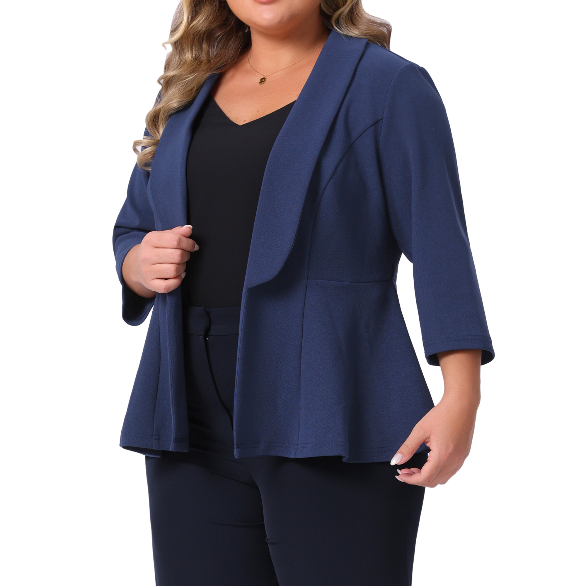 DARING DIVA Plus Size Blazer Sleeve Open Front Peplum Work Suit Jacket 3X Navy Blue
