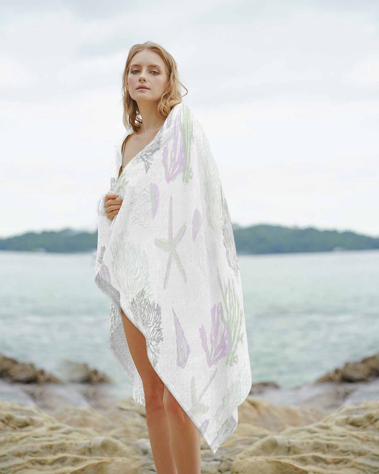 Sage Green Purple Coral Coastal Beach Towels Oversized Super Absorbent, Nautical Starfish Beach Lightweight Bath Towel Quick Dry Sets For Bathroom/Pool/Rv Camping/Beach Play/Gym Room/Picnic 35"x70"