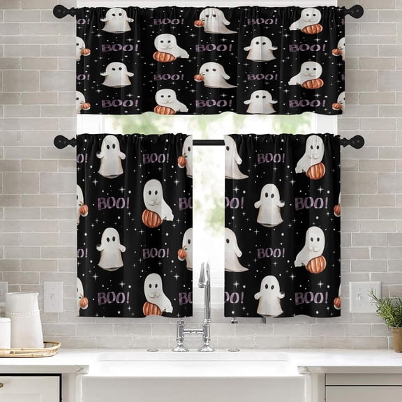 Halloween Kitchen Curtains Cute Ghost Window Curtains Valance and Tier Set 36 Inch, Pumpkin Vintage Black Rod Pocket Short Tier Curtain for Room, Spooky Boo Funny Small Cafe Kitchen Decor